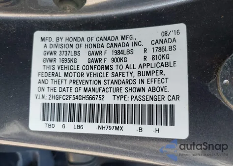 2016 Honda Civic Lx from USA, damaged, VIN 2HGFC2F54GH566752